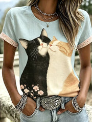 T-shirt da donna a manica corta casual con motivo gatto artistico carino