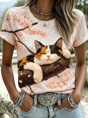 Maglietta casual a maniche corte da donna con grazioso motivo artistico a gatto