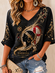 Maglietta da donna con scollo a V casual in stile italiano sardo retrò