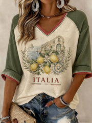 T-shirt da donna a maniche medio-lunghe con stampa al limone di Amalfi e scollo a V