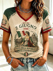 T-shirt da donna con stampa Festa della Repubblica Repubblica Italiana e scollo a V