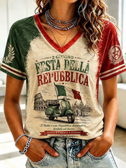 T-shirt da donna con stampa Festa della Repubblica Repubblica Italiana e scollo a V