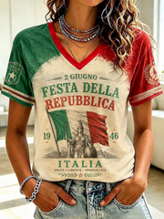 T-shirt da donna con stampa Festa della Repubblica Repubblica Italiana e scollo a V
