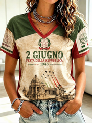 T-shirt da donna con stampa Festa della Repubblica Repubblica Italiana e scollo a V