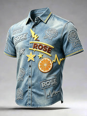 Camicia casual da uomo a maniche corte blu Inghilterra con stampa effetto denim e motivo a rose