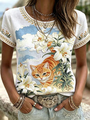Top in lino da donna con motivo floreale, collo a giro e maniche corte