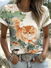 Maglietta casual a maniche corte da donna con grazioso motivo artistico a gatto
