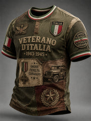 Maglietta casual in patchwork con ricamo commemorativo per veterani italiani d’epoca