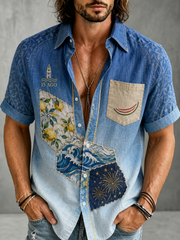Camicia estiva casual da spiaggia in cotone con stampa gelato per l’8 agosto italiano, maniche corte, da uomo