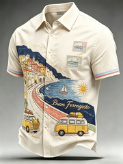 Camicia estiva casual da spiaggia in cotone con stampa gelato per l’8 agosto italiano, maniche corte, da uomo