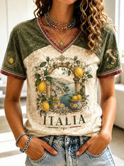 T-shirt da donna con stampa al limone d'Amalfi, modello Italia, collo a V