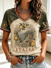 T-shirt da donna con stampa al limone d'Amalfi, modello Italia, collo a V