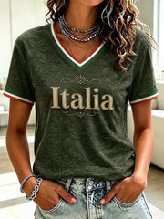 T-shirt da donna con stampa al limone d'Amalfi, modello Italia, collo a V