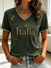 T-shirt da donna con stampa al limone d'Amalfi, modello Italia, collo a V