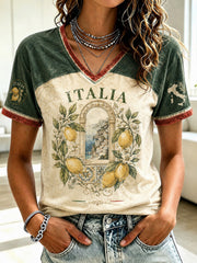 T-shirt da donna con stampa al limone d'Amalfi, modello Italia, collo a V