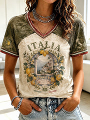 T-shirt da donna con stampa al limone d'Amalfi, modello Italia, collo a V