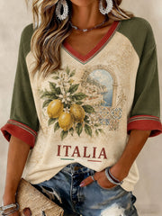 T-shirt da donna a maniche medio-lunghe con stampa al limone di Amalfi e scollo a V