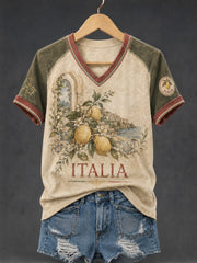 T-shirt da donna con stampa al limone d'Amalfi, modello Italia, collo a V