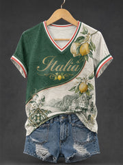 T-shirt da donna con stampa al limone d'Amalfi, modello Italia, collo a V