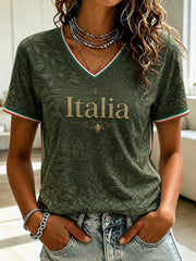 T-shirt da donna con stampa al limone d'Amalfi, modello Italia, collo a V