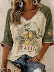 T-shirt da donna a maniche medio-lunghe con stampa al limone di Amalfi e scollo a V