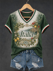 T-shirt da donna con stampa al limone d'Amalfi, modello Italia, collo a V