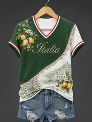 T-shirt da donna con stampa al limone d'Amalfi, modello Italia, collo a V